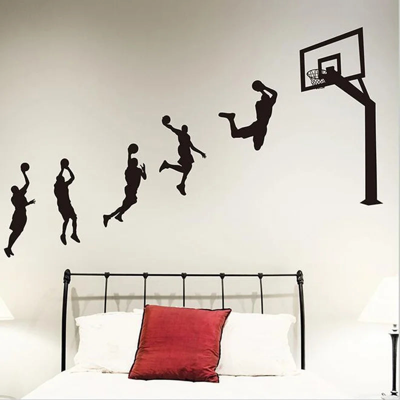 sticker mural sportif silhouettes basketteurs mouvement moderne noir bleu jaune adhésif chambre enfant decoration