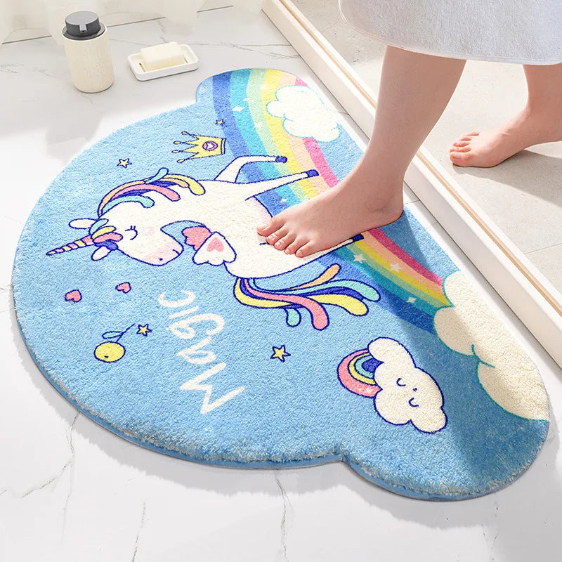 tapis bain licorne arc ciel nuages étoiles adhésif antidérapant bleu rose violet blanc cartoon