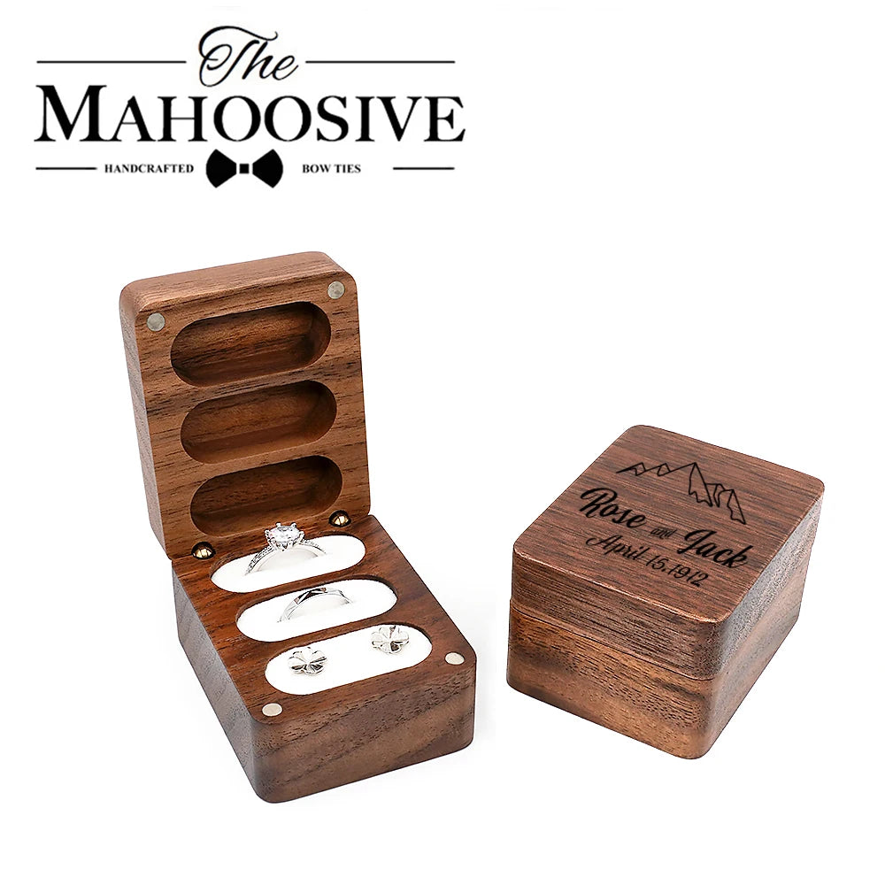 boîte alliances bois foncé velours intérieur compartiments clips dorés classique portable bijoux rangement cadeau