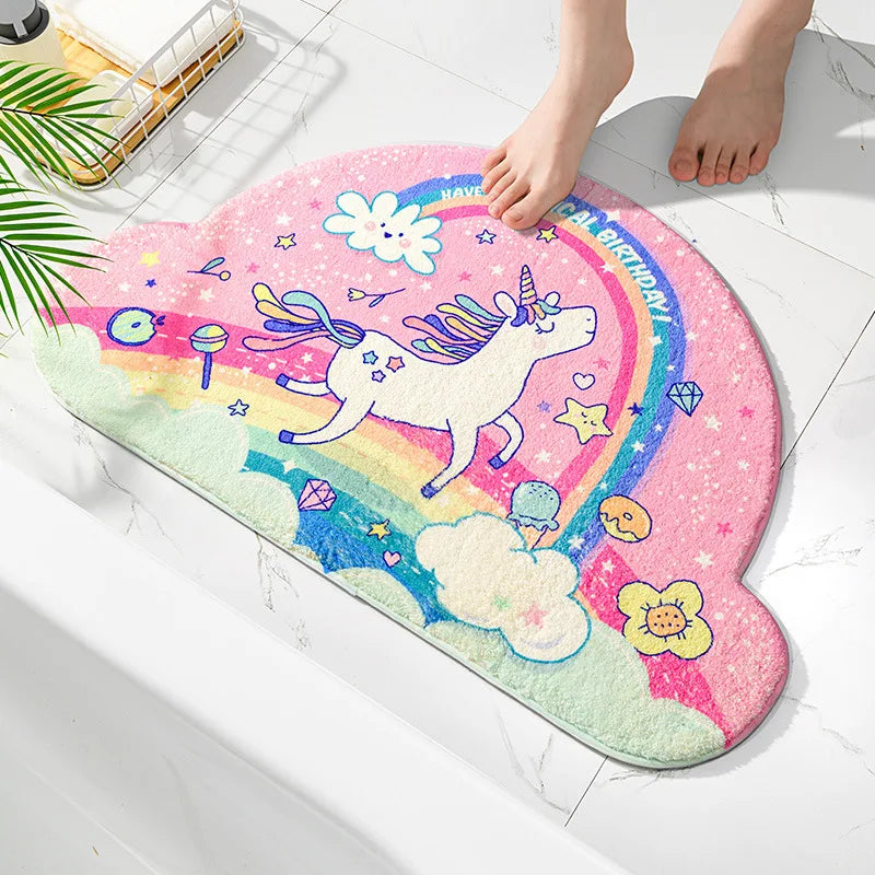 tapis bain licorne arc ciel nuages étoiles adhésif antidérapant bleu rose violet blanc cartoon