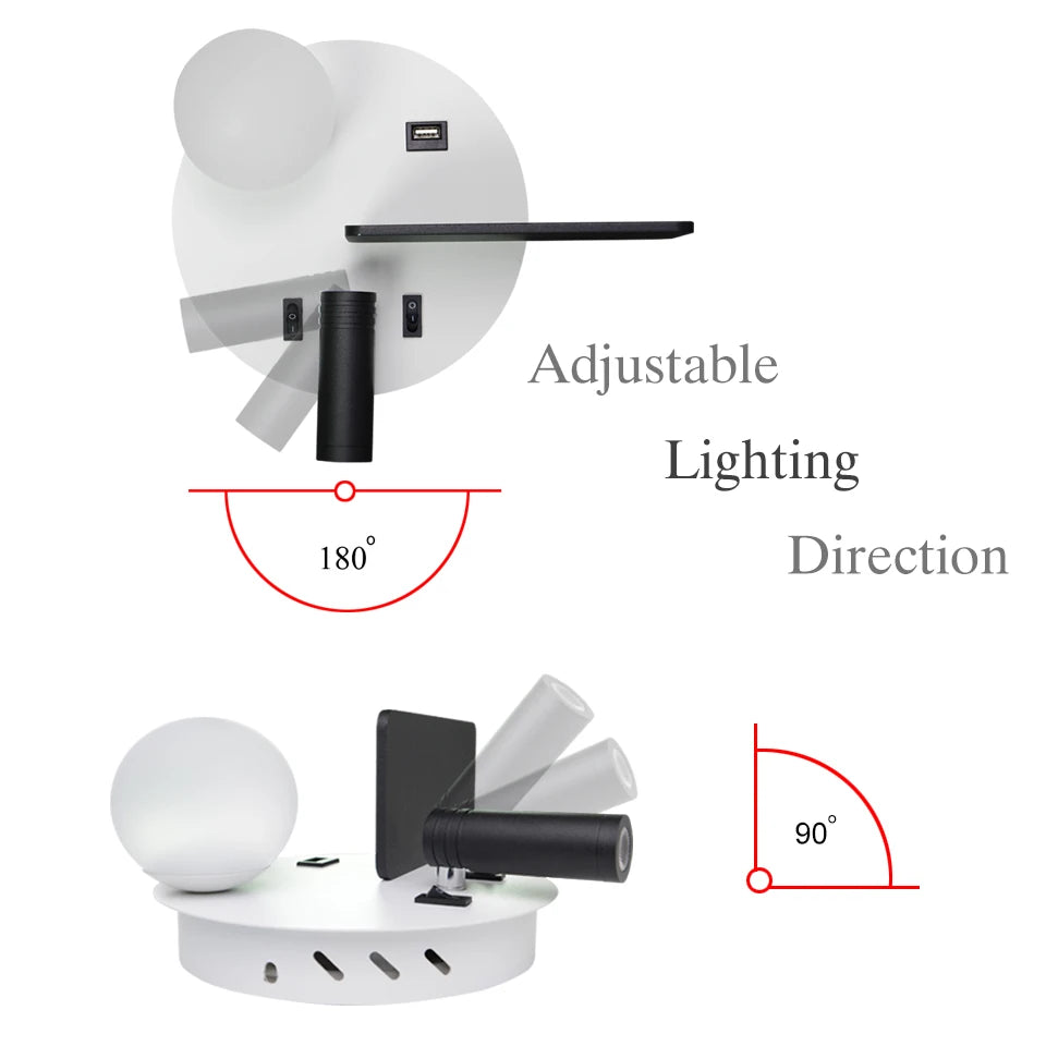 lampe murale moderne étagère usb blanc noir rose adjustable chambre salon