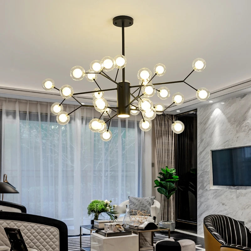 lustre suspension moderne branches or boules verre transparent éclairage salon salle manger chambre