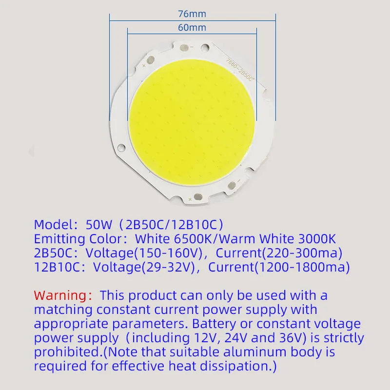ampoule led chip blanc jaune grille points 76mm 60mm circulaire 50w 6500k 3000k