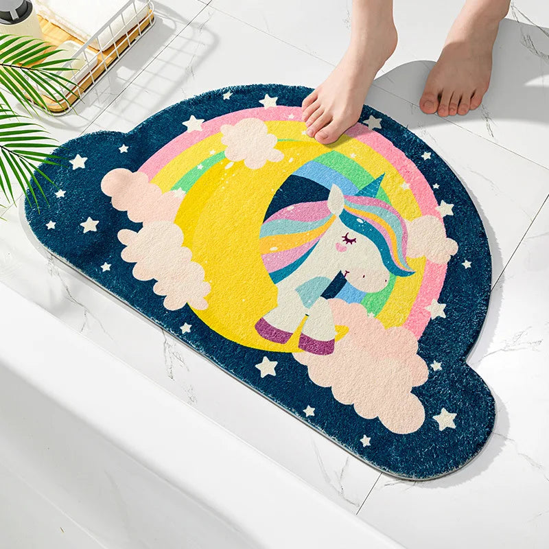 tapis bain licorne arc ciel nuages étoiles adhésif antidérapant bleu rose violet blanc cartoon