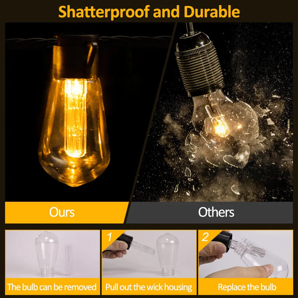 guirlande lumineuse solaire led ampoules edison vintage clips métalliques noir transparent