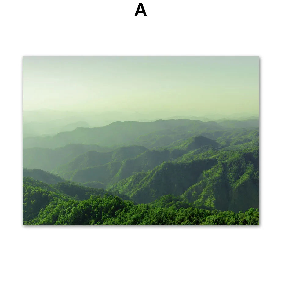 Paysage montagneux aux doux dégradés de vert, avec des collines boisées s'élevant à l'horizon sous un ciel nuageux.