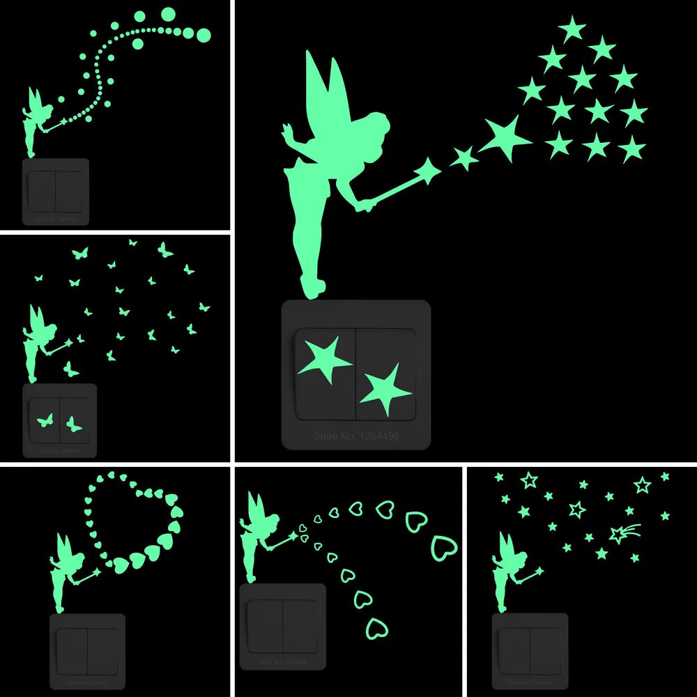 interrupteur mural lumineux fée étoiles papillons moderne adhésif chambre enfant deco vert