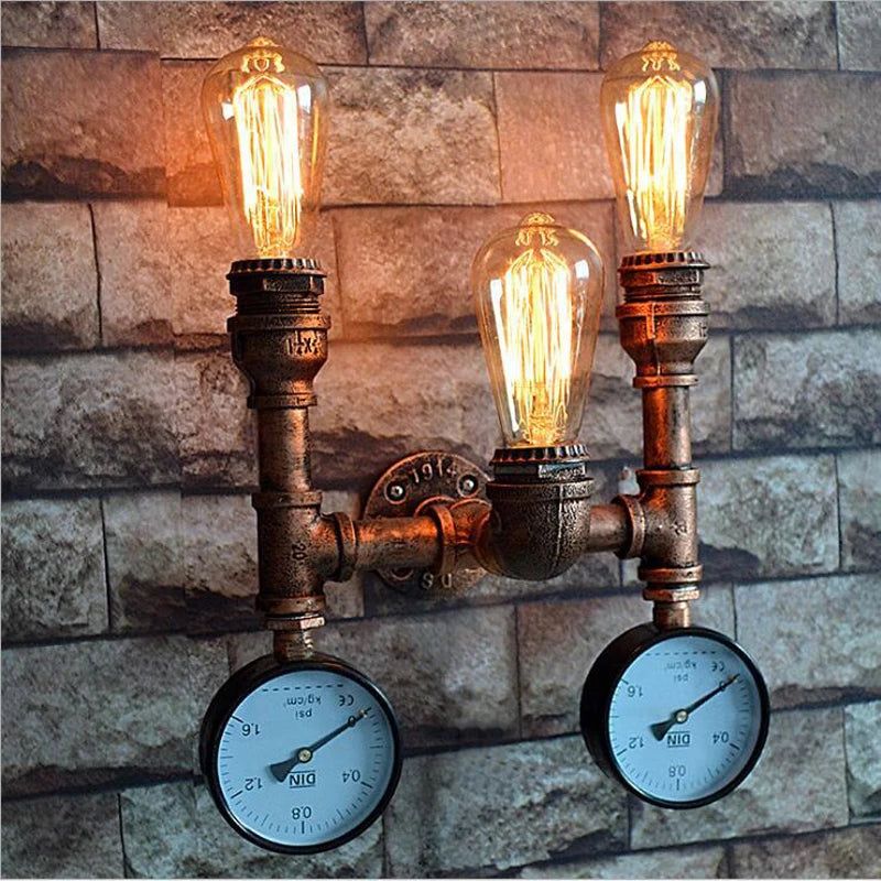 Lampe murale industrielle rétro bronze noir deux ampoules edison manomètres décoratifs fixations vis 27cm