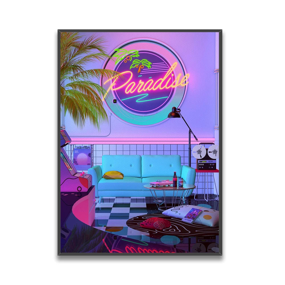 Une pièce d'intérieur colorée et rétro avec un canapé bleu et des accessoires vintage, le tout baigné d'une atmosphère tropicale grâce à un grand panneau lumineux affichant le mot "Paradise".
