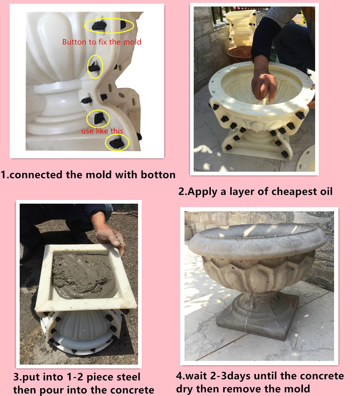 moule concret pot fleurs decoratif urne ciment texturé cannelures boutons gris blanc doréextérieur jardin