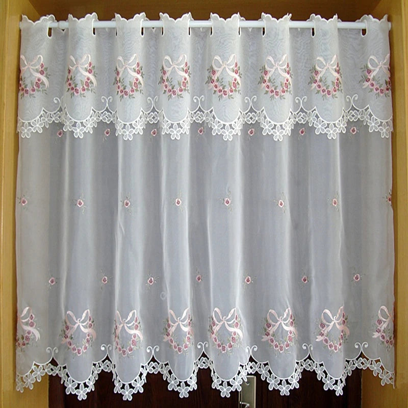 rideau semi transparent fleuri brodé blanc rose fenêtre chambre vintage 30cm 88cm