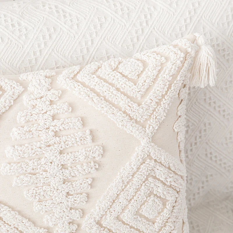 housses coussins coton blanc motif géométrique boho chic tassel opaques 45x45cm 30x50cm