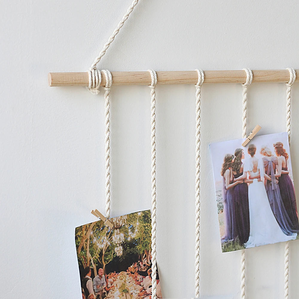 cadre photo murale bois corde tressée pompons bohème chambre enfant decoration chambre cadeau amis