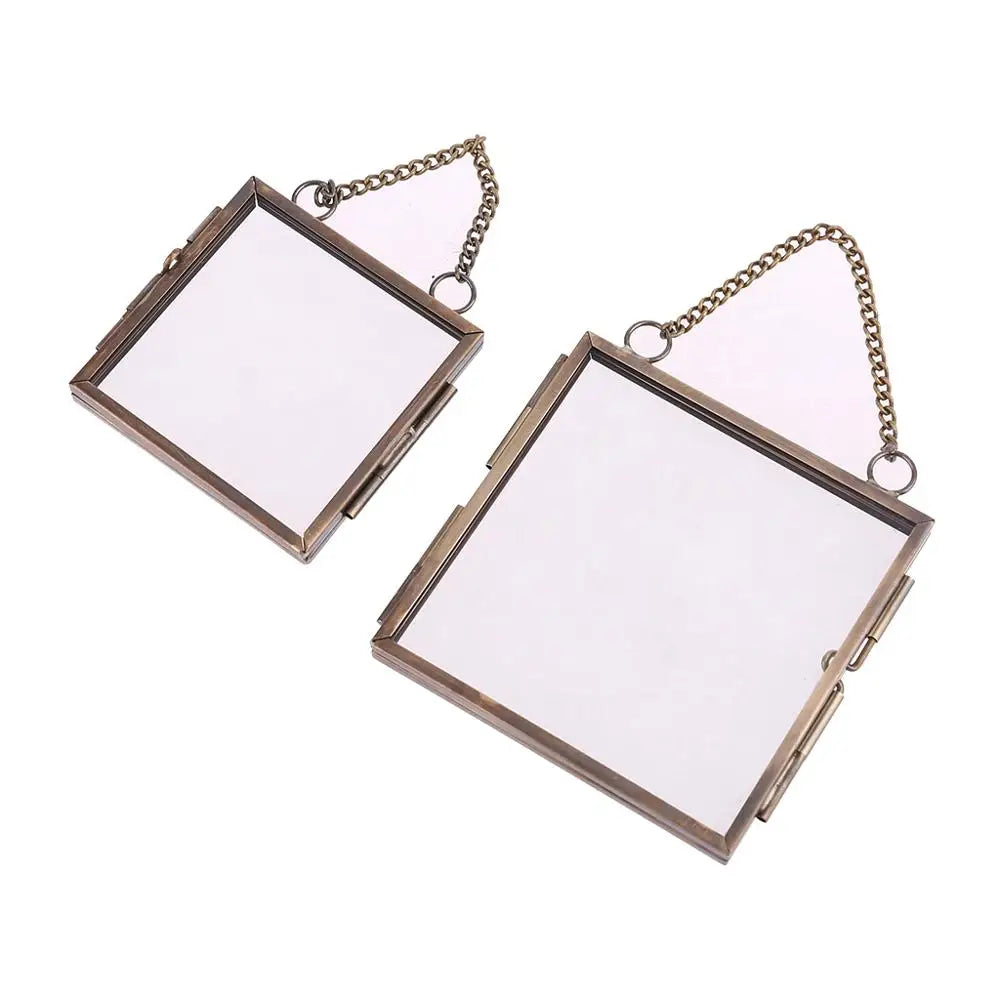 cadre photo suspendu vintage industriel verre transparent chaîne métal doré bronze DIY decoration