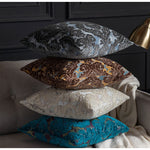 taies d'oreiller velours fleur motif floral damas relief élégantes classiques beige vert bleu marron