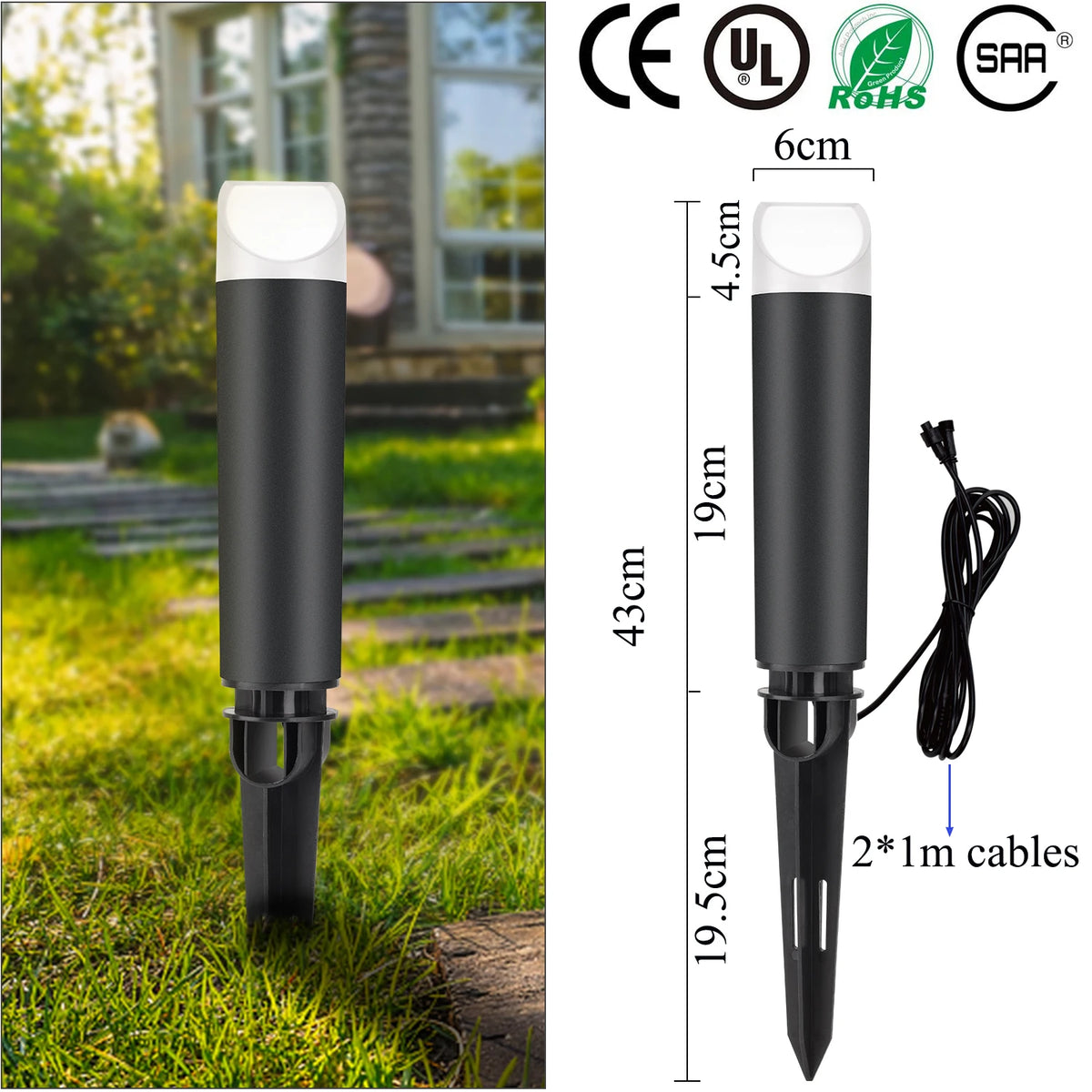 Lampes jardin LED 5W 12V IP65 moderne noires tringle fixations adaptateur câbles