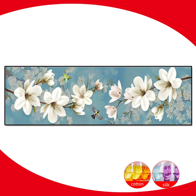 toile d'embroiderie imprimée fleurs blanches roses papillons art floral moderne coton bleu clair blanc