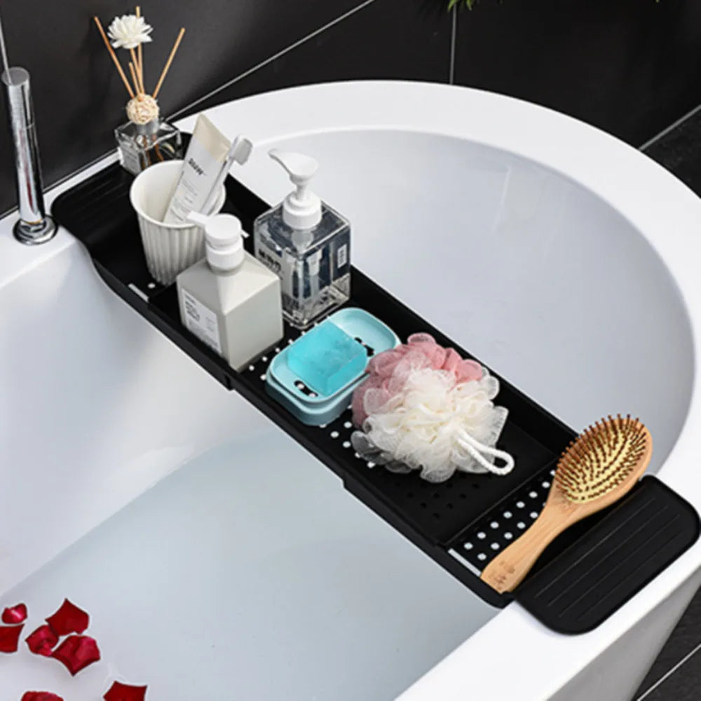 plateau bain extensible blanc noir moderne étagère salle bain multifonction savons flacons éponge Brosse