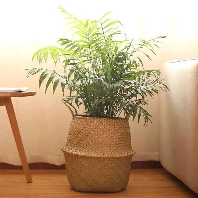 panier pliable osier tissé motifs réguliers poignées cuir naturel rustique jardin