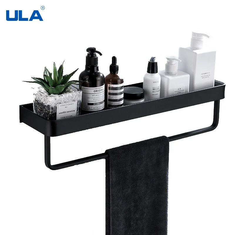 étagère salle bain double niveau murale alliage aluminium noir lisse moderne serviettes pots crèmes