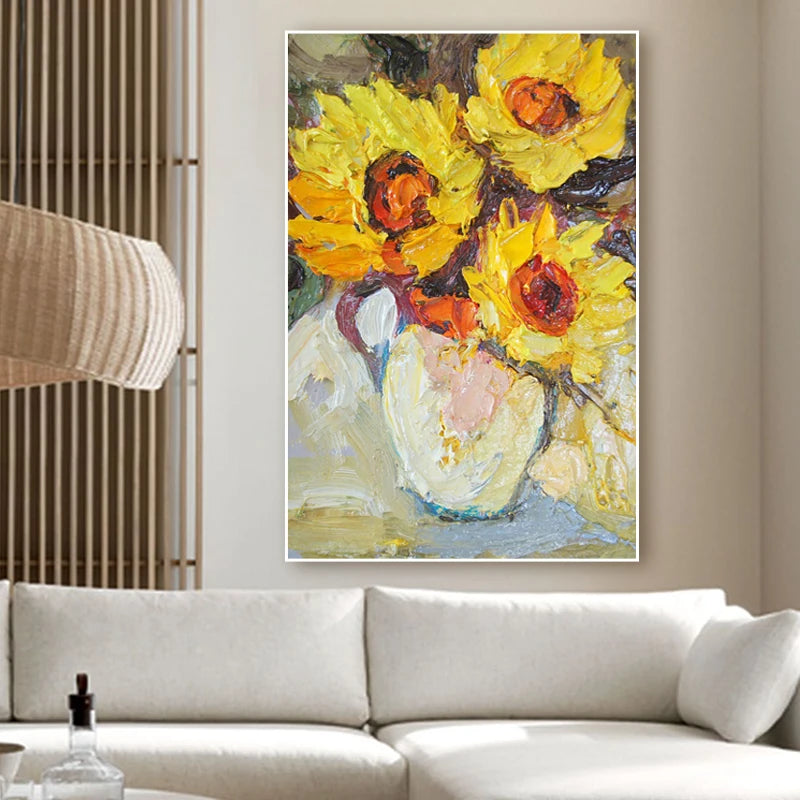tableau abstrait peinture l'huile tournesol fleur moderne impressionniste toile sans cadre vertical salonDecoration Jaune