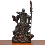 statue décorative traditionnelle asiatique guerrier armure base motif ondulés pièces monnaie chinoises