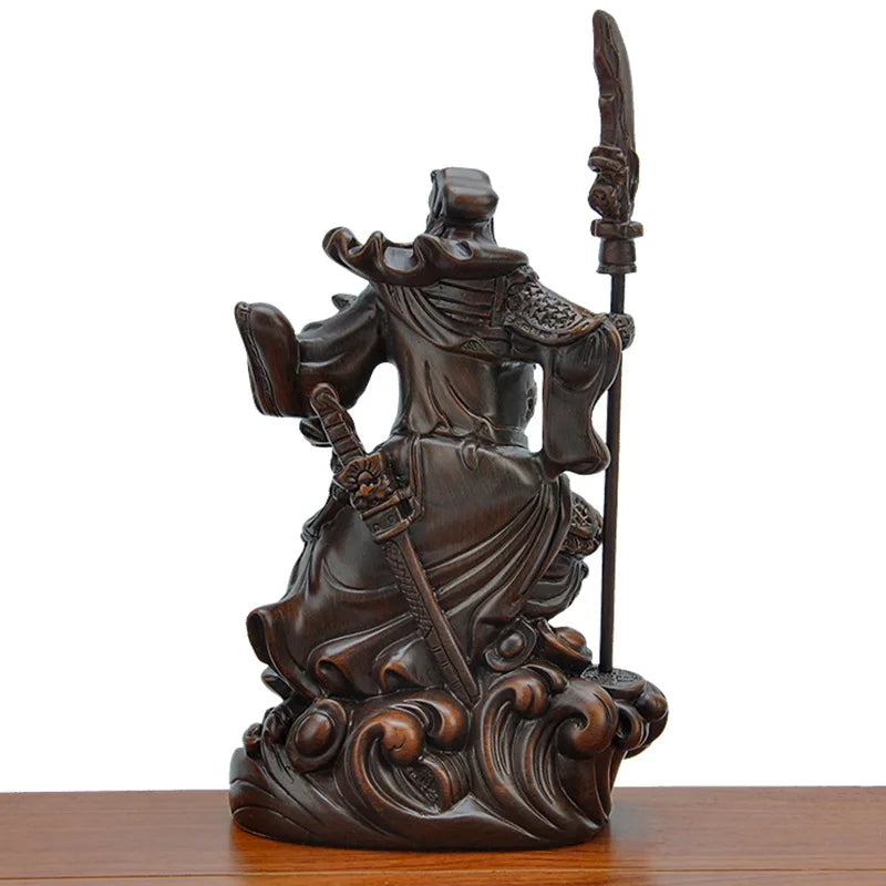 statue décorative traditionnelle asiatique guerrier armure base motif ondulés pièces monnaie chinoises