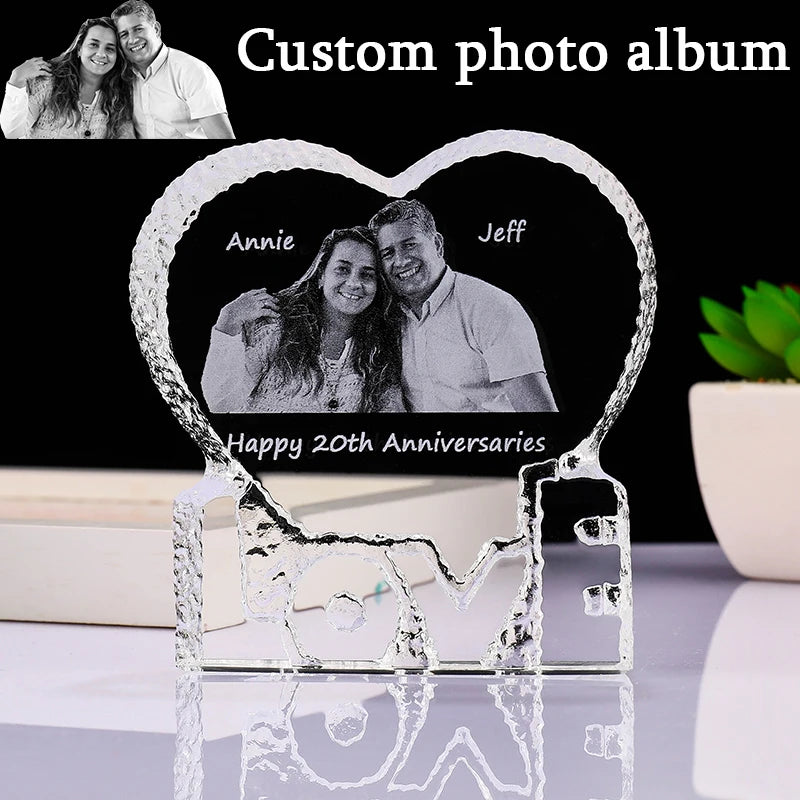 Cadre photo personnalisé en verre cristal forme cœur vert clair