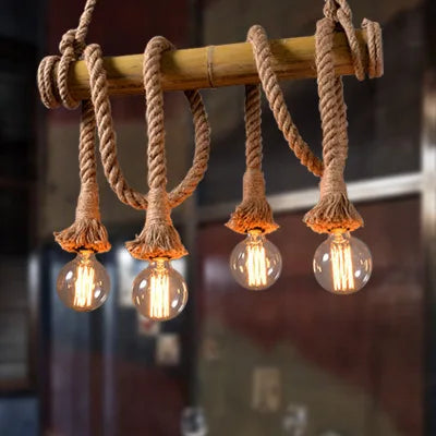 lampe suspendue rustique vintage bambou corde tressée ampoules filament marronclair