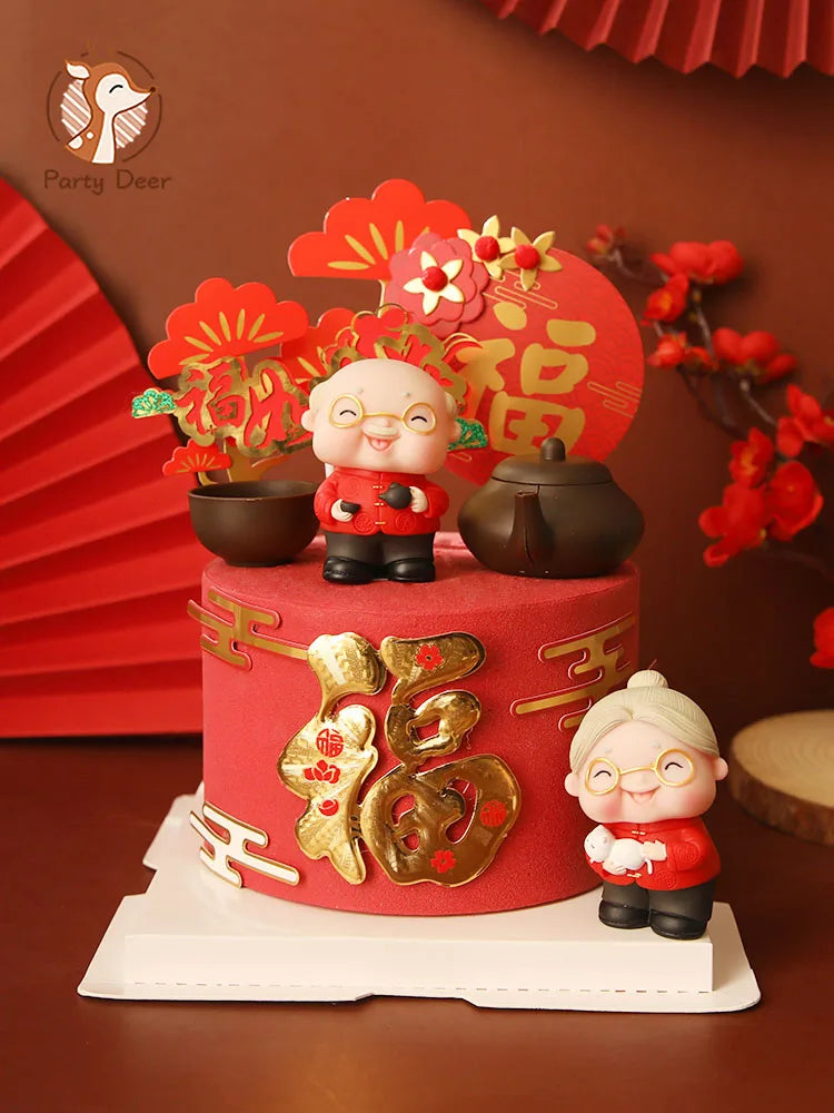 décoration gâteau anniversaire mariage retraite thème festif personnages chinois théière fleurs rouges motifs traditionnels