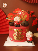 décoration gâteau anniversaire mariage retraite thème festif personnages chinois théière fleurs rouges motifs traditionnels