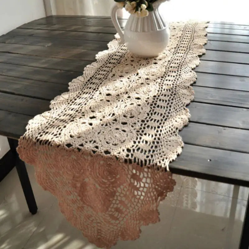 chemin table crochet dentelle motif floral 100 coton blanc beige pêche rustique vintage