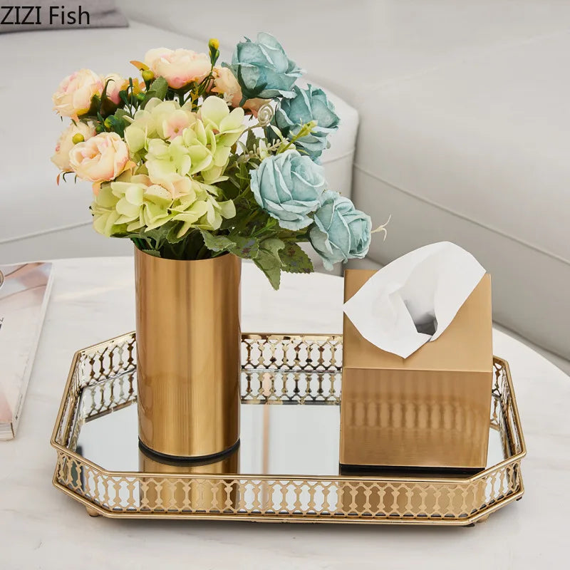 plateau verre miroir doré ajouré transparent classique élégant rangement bijoux fruit hexagonal rond large
