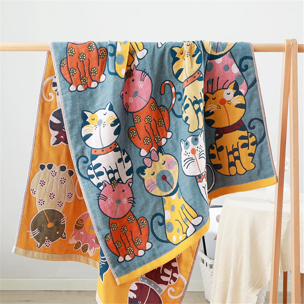 grande serviette bain coton bio motif chat cartoon couverture douce absorption rapide 70x140cm