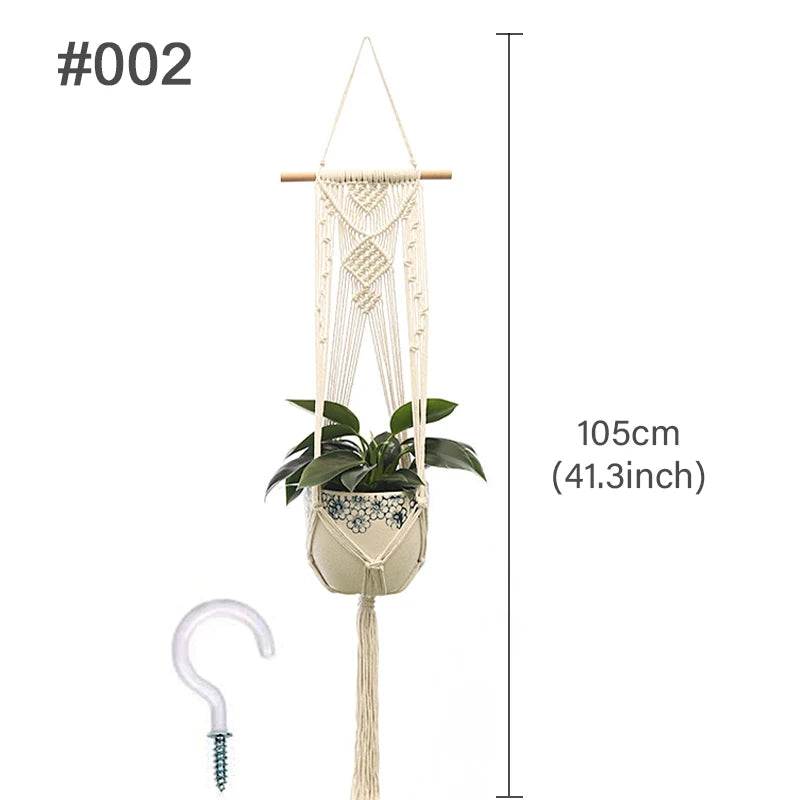plante suspendue macramé décoratives boho artisanale pot fleur blanc anneaux métalliques decoration murale cour