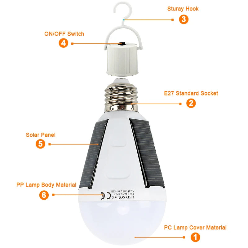 ampoule led solaire 12w blanc froid ip65 étanche e27 camping jardin rechargeable portable