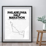 Affiche de la course de semi-marathon de Philadelphie, Pennsylvanie, avec la carte du parcours et les informations sur l'événement.