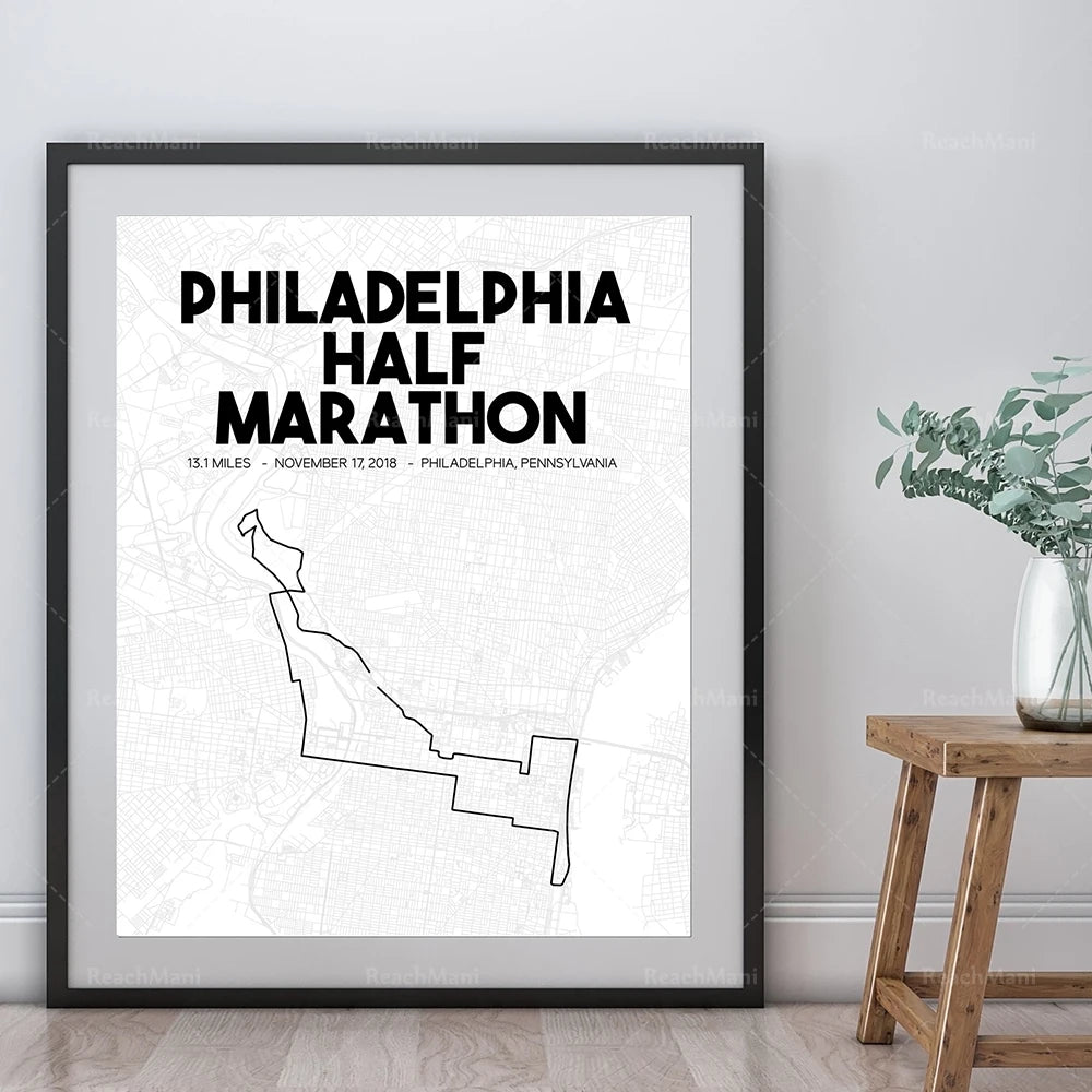 Affiche de la course de semi-marathon de Philadelphie, Pennsylvanie, avec la carte du parcours et les informations sur l'événement.