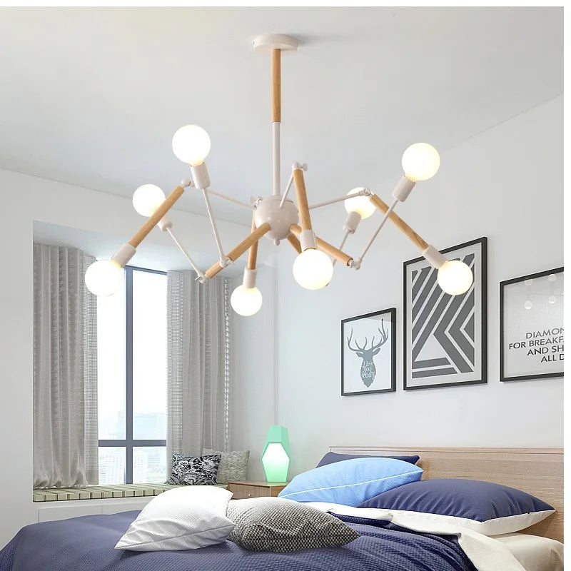 suspension lumineuse moderne araignée industrielle bois métal noir blanc ampoules E27 led scandinave