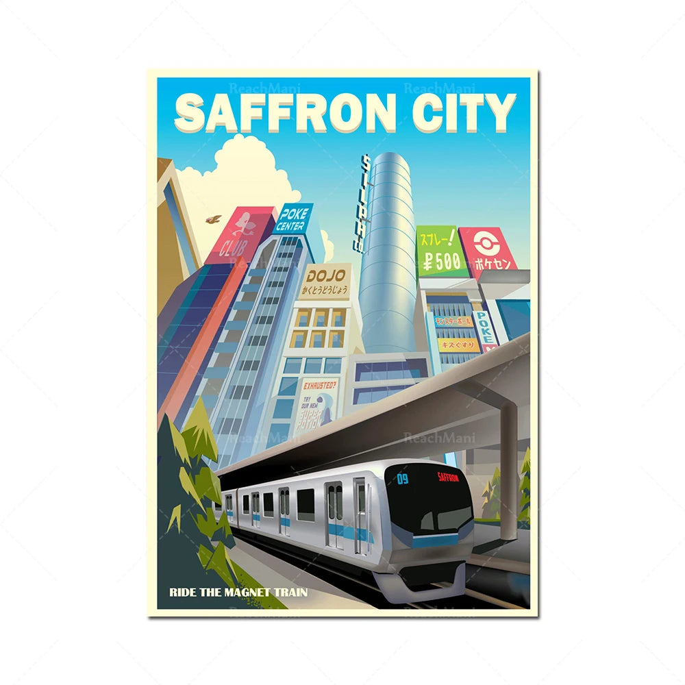 L'image met en scène une ville futuriste appelée Saffron City, avec des gratte-ciel colorés, des enseignes lumineuses et un train à sustentation magnétique. Cette affiche illustre un moyen de transport moderne et efficace dans cet environnement urbain dynamique.