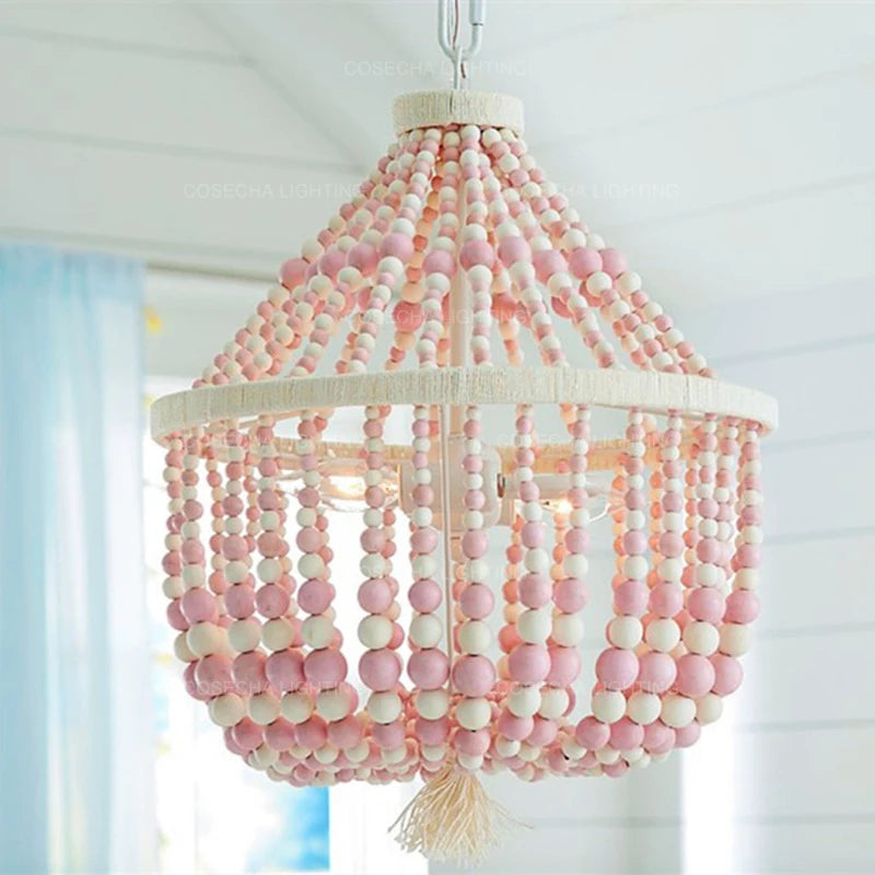 suspension lumineuse moderne bois blanc rose beige métallique chambre enfant
