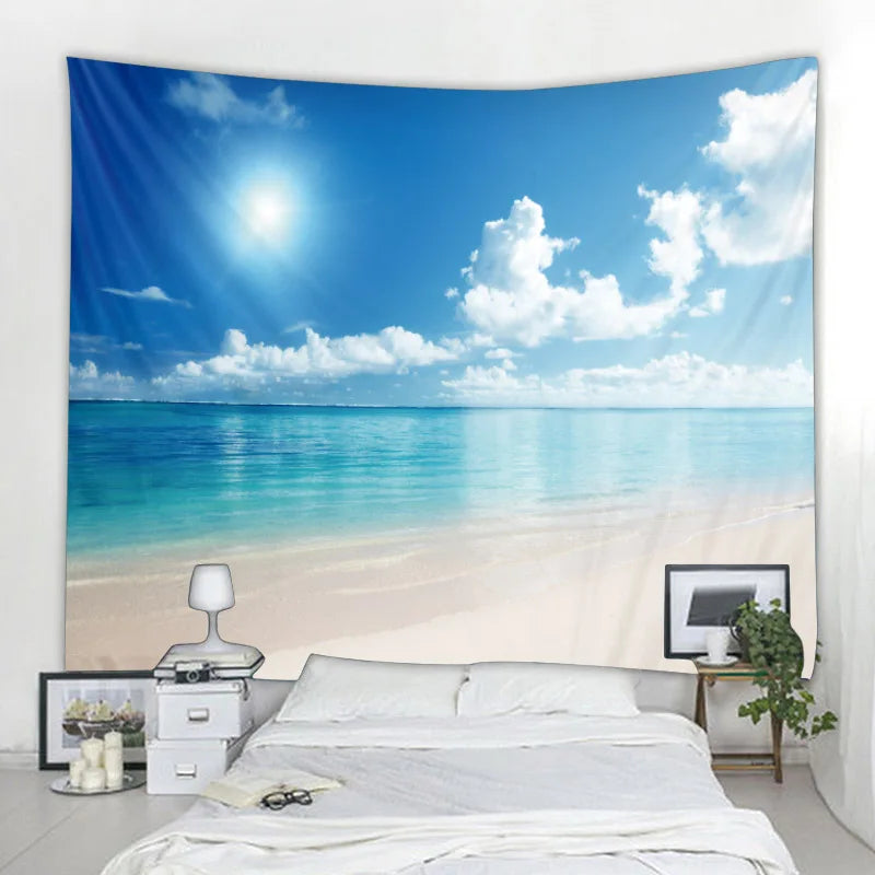 Tapisserie murale installée dans une chambre bleue style boho