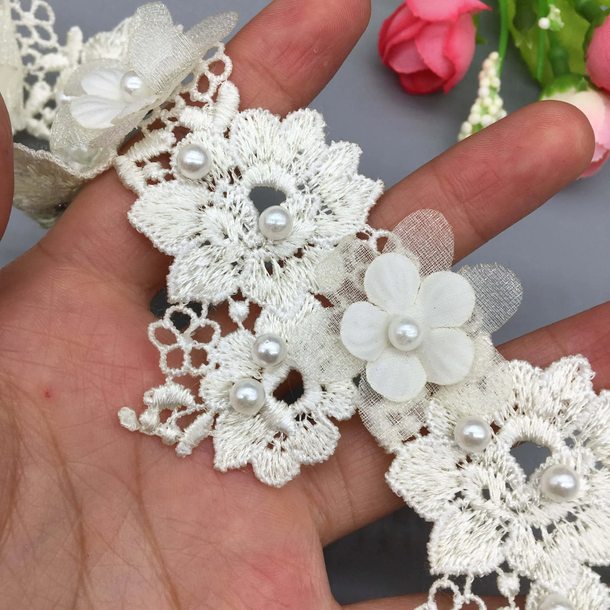 dentelle florale 3d polyester coton mariage chapeau robe blanche rose romantique