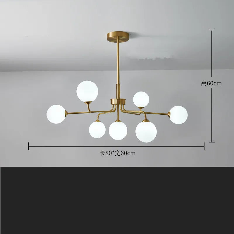 suspension lumineuse moderne or blanc sphères translucides structure métallique interrupteur tactile led