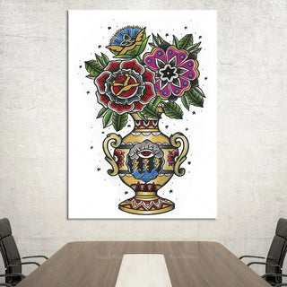 toile imprimée tattoo fleurs oiseau vase décoratif bohème traditionnel mur opaque