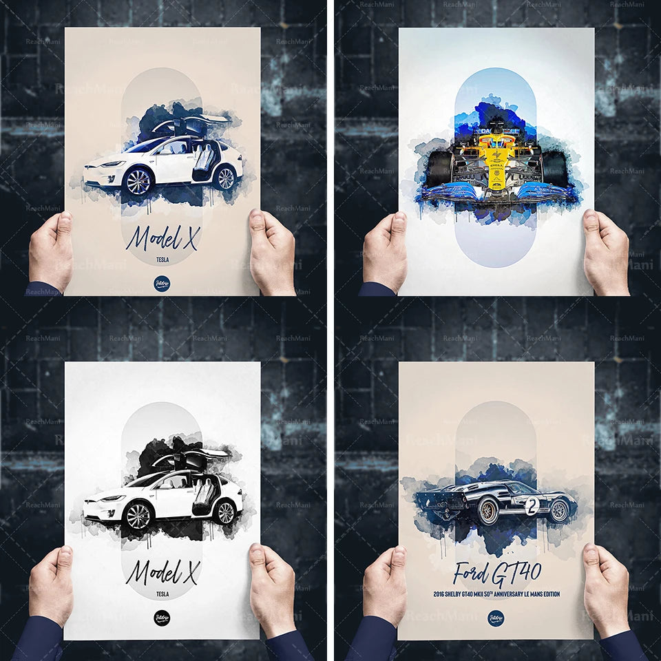 Affiches artistiques mettant en scène des voitures électriques Tesla Model X et une Ford GT40 aux designs uniques et créatifs.