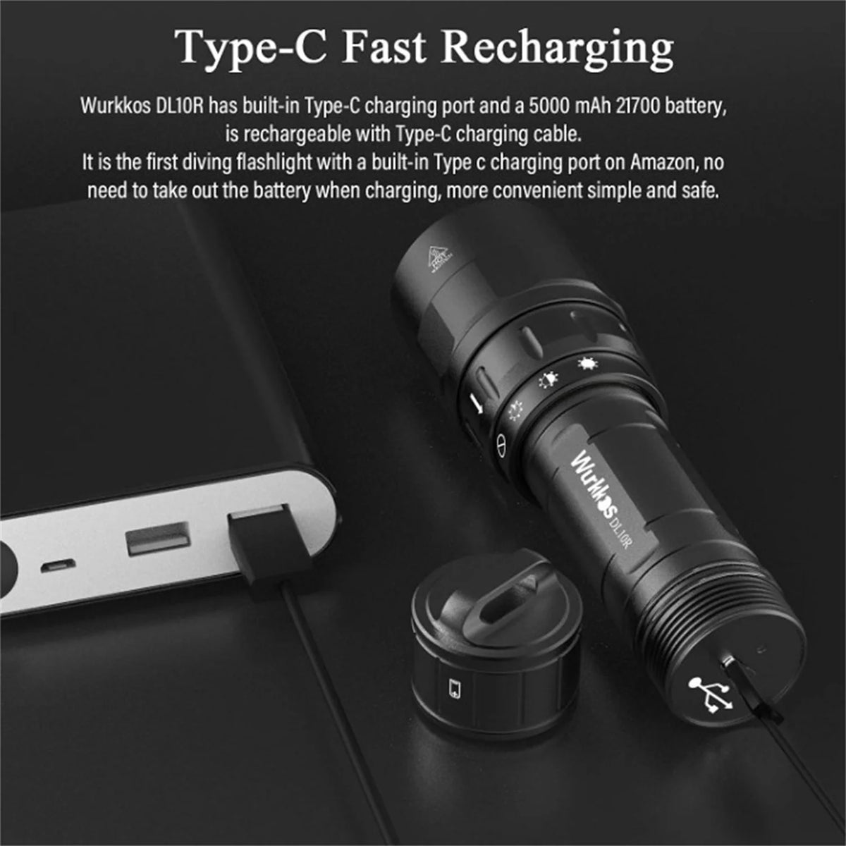 torche plongée led 4500lm rechargeable usb interrupteur rotatif 21700 batterie accessoires