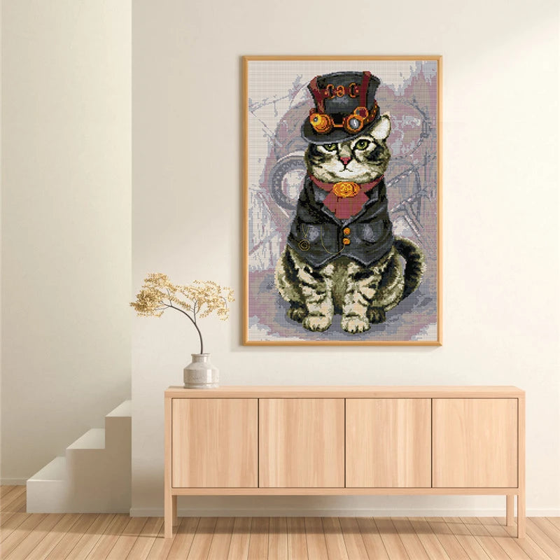 kits broderie point croix chats steampunk multicolore jaune rouge vert orange rose coton toile
