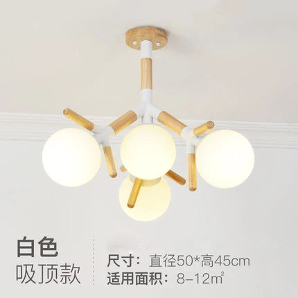 lampe suspendue moderne blanc bois sphères opaques scandinave chaines métallique