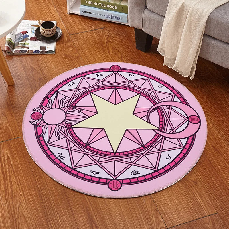 tapis rond rose rouge violet noir étoile dorée astrologie moderne salon chambreextérieur